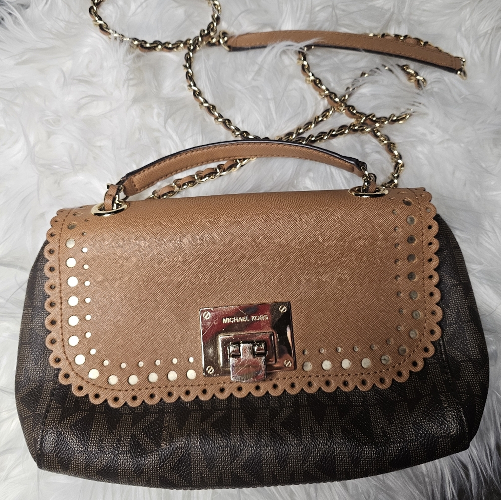 Michael Kors Tan and Brown Shoulder Bag with Chain Strap
